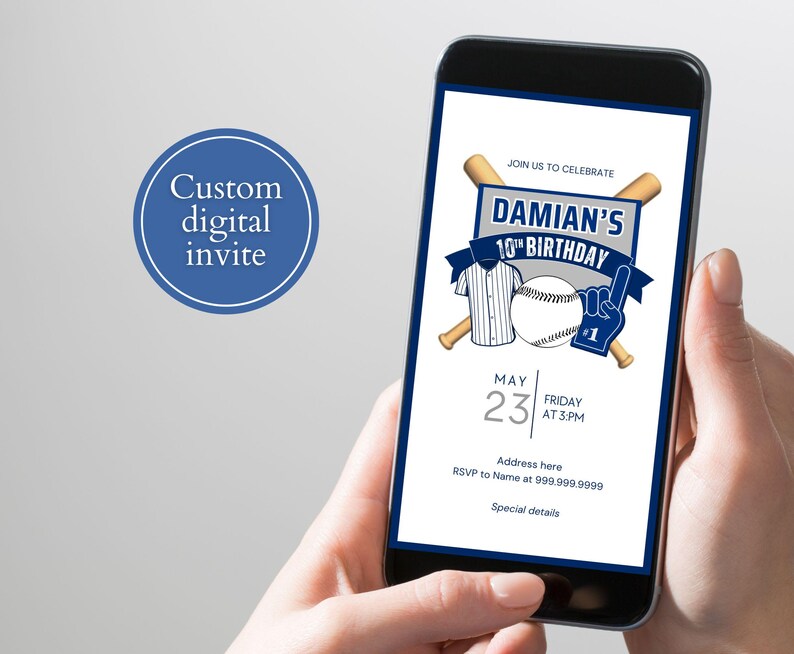 Custom baseball invite, end of season party invite, sports birthday evite, Baseball theme invitation, digital download, mobile invite image 1