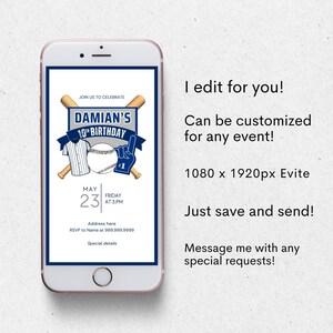 Custom baseball invite, end of season party invite, sports birthday evite, Baseball theme invitation, digital download, mobile invite image 2