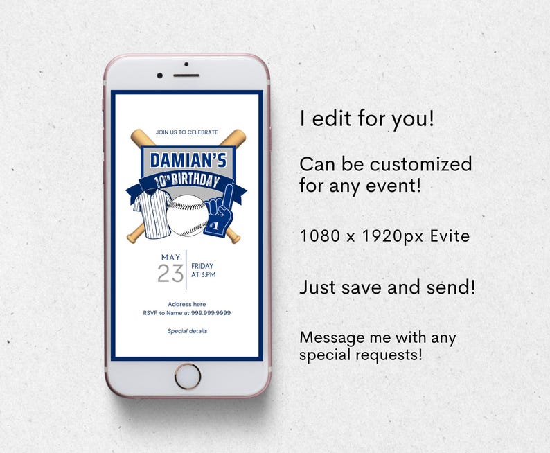 Custom baseball invite, end of season party invite, sports birthday evite, Baseball theme invitation, digital download, mobile invite image 2