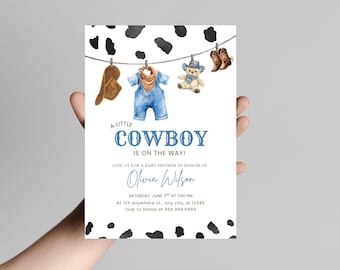 Editable Cowboy Baby Shower invite, Canva template, digital download, blue rodeo shower invitation, Western baby shower invite