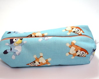 Boxy Makeup Bag - Little Blue Dog Print - Zipper Pencil Pouch