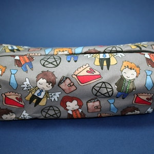 Boxy Makeup Bag- Supernatural Cast Doodle- Pencil Pouch - Dean Winchester, Sam Winchester,  and Castiel
