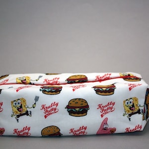 Boxy Makeup Bag- SpongeBob Krabby Patty in White Print Zipper- Pencil Pouch