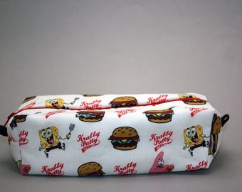 Boxy Makeup Bag- SpongeBob Krabby Patty in White Print Zipper- Pencil Pouch