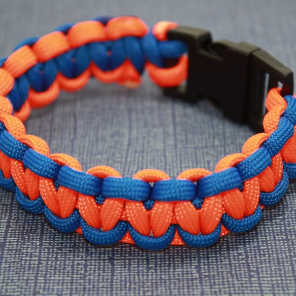 Paracord Bracelet - Orange & Blue with Side Release Buckle- Cobra-Fishtail-Criss Cross-Baseball-Cat Claw-Shark Jaw Bone-Dotted Blaze-Duality