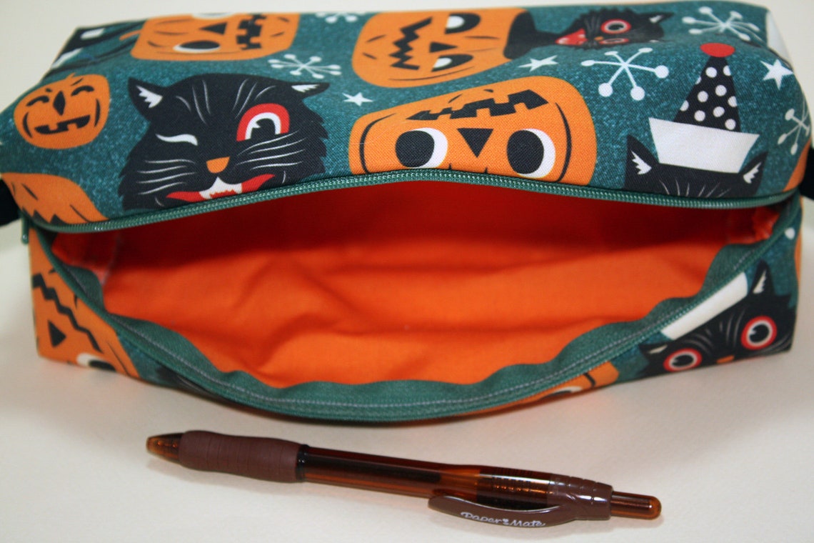Boxy Makeup Bag Black Cat and Pumpkins Print Pencil Pouch Etsy