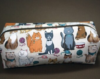 Boxy Makeup Bag - Multiple Cats Print Zipper - Pencil Pouch - Yarn Balls and Water Bowls