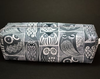 Boxy Makeup Bag - Owls Stamp Block Print - Pencil Pouch