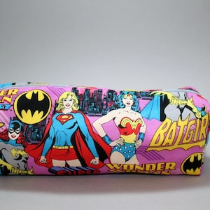 Boxy Makeup Bag - The Girls of DC Wonder Woman, Batgirl, and Supergirl Zipper - Pencil Pouch