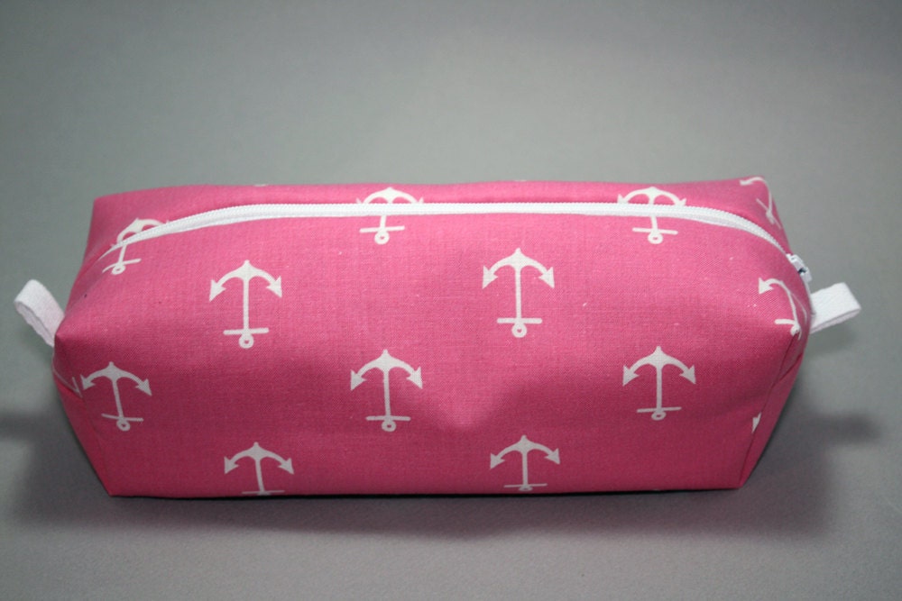 Boxy Makeup Bag Nautical Pink Anchors Zipper Pencil Pouch Etsy