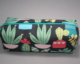 Boxy Makeup Bag - Large Succulents and Cacti Print Zipper - Pencil Pouch