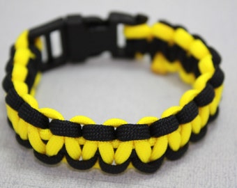 Paracord Bracelet -Black & Yellow with Side Release Buckle- Cobra-Fishtail-Criss Cross-Baseball-Cat Claw-Shark Jaw Bone-Dotted Blaze-Duality