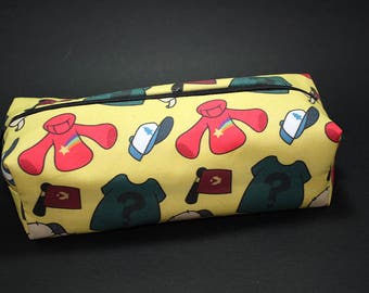 Boxy Makeup Bag - Gravity Falls Toss Print in Yellow Zipper - Pencil Pouch - Mabel, Dipper, and Stan Pines, Soos Ramirez, & Wendy Cordoroy