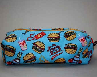 Boxy Makeup Bag- SpongeBob Krabby Patty in Blue Print Zipper- Pencil Pouch