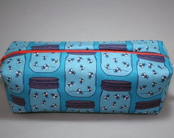Boxy Makeup Bag - Catching Lightning Bugs Print Zipper - Pencil Pouch - Mason Jars and Fireflies
