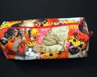 Boxy Makeup Bag - Sunflowers and Cats Print - Zipper Pencil Pouch