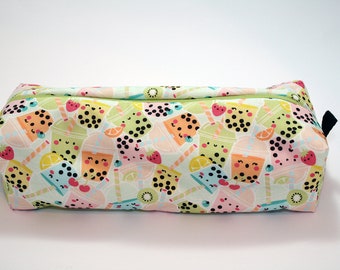 Boxy Makeup Bag - Cutie Boba Tea Print - Zipper Pencil Pouch