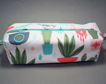 Boxy Makeup Bag - Desert Cactus Succulent and Bird Print Zipper - Pencil Pouch