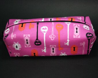 Boxy Makeup Bag - Halloween Keys and Keyholes on Fuchsia Zipper - Pencil Pouch - Cotton and Steel Boo!