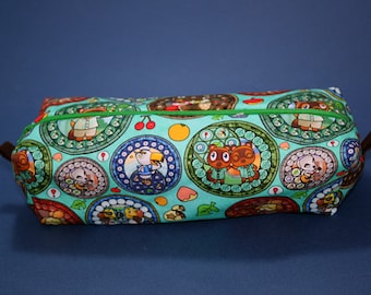 Boxy Makeup Bag - Animal Crossing Stained Glass Print in Teal - Zipper Pencil Pouch