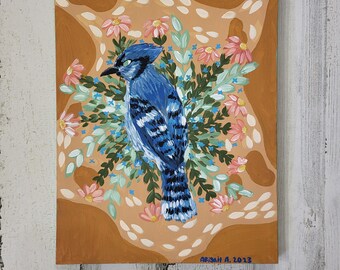 Bluejay painting*bluebird painting*acrylic bird art*whimsical woodland nursery decor*bluejay art*handpainted wall art*acrylic paintings*