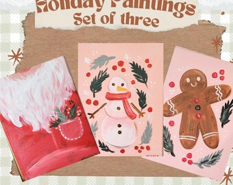 Set of three christmas paintings*acrylic winter art*small canvas art*winter painting*Santa art*gingerbread art*floral painting*pink winter