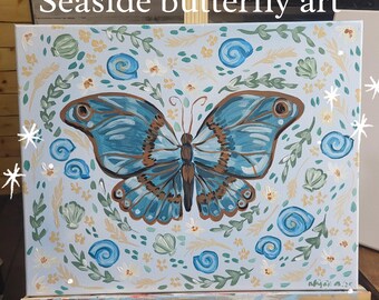 Floral butterfly wall art*acrylic nursery art*seaside art*floral art*colorful whimsical animal art*coastal artwork*magical paintings*