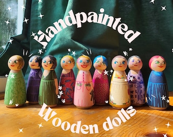 handpainted peg dolls*handmade wooden dolls*unique dolls*floral pattern dolls*toys for girls*dolls for girls* wooden dolls
