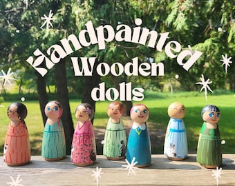handpainted peg dolls*handmade wooden dolls*unique dolls*floral pattern dolls*toys for girls*dolls for girls* wooden dolls