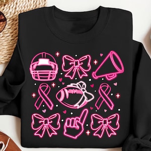 Pink Bow Breast Cancer Shirt, Pink Ribbon Sweatshirt, Neon Football Pink Out Shirt, Breast Cancer Bow Shirt,Sports Mom TeeTackle Cancer Tee image 1
