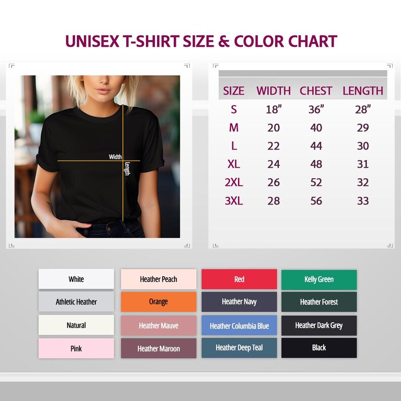a women's t - shirt size and color chart