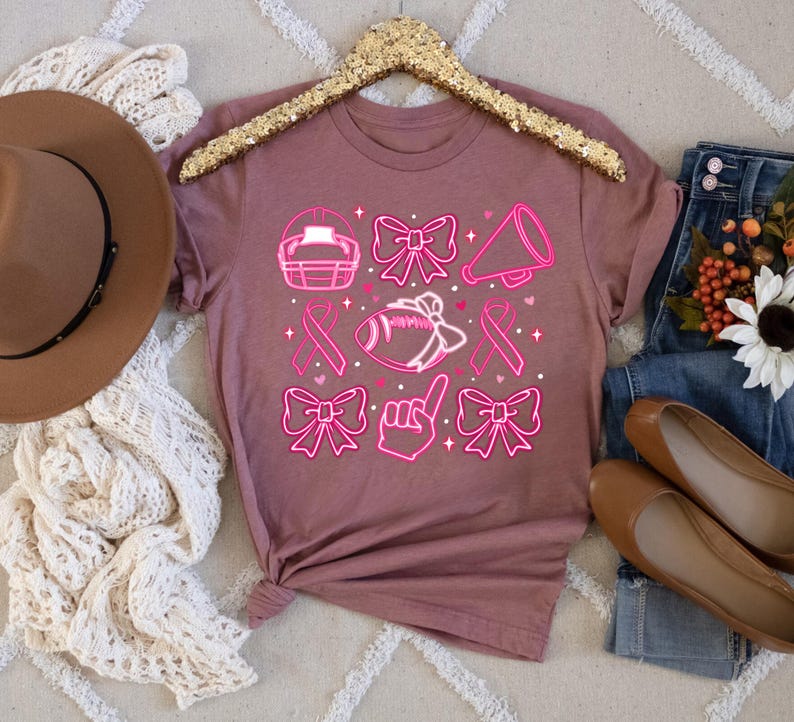 Pink Bow Breast Cancer Shirt, Pink Ribbon Sweatshirt, Neon Football Pink Out Shirt, Breast Cancer Bow Shirt,Sports Mom TeeTackle Cancer Tee image 3