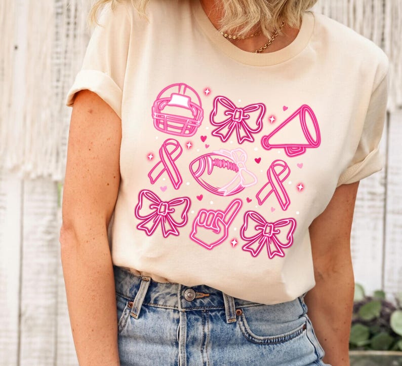 Pink Bow Breast Cancer Shirt, Pink Ribbon Sweatshirt, Neon Football Pink Out Shirt, Breast Cancer Bow Shirt,Sports Mom TeeTackle Cancer Tee image 2