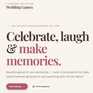 Peut inclure: Une interface numérique pour une collection de jeux de mariage avec le texte 'A Keepsake Collection Wedding Games', 'Celebrate, laugh & make memories' et 'Worth remembering'. Le design utilise un fond crème avec du texte marron et bordeaux.