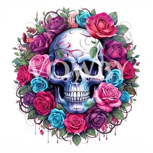 Peut inclure: Un crâne humain blanc avec des nuances bleues et violettes, entouré d'une disposition circulaire de roses vibrantes dans des tons de rouge, rose, violet et cyan, avec des feuilles vertes et des vignes épineuses sombres. Le mot VOWBY est superposé.