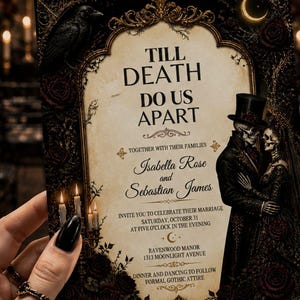 Peut inclure: Une carte d'invitation de mariage rectangulaire avec une bordure noire ornée de filigrane doré, de roses rouges et d'un corbeau. Le texte indique : TILL DEATH DO US APART, Isabella Rose et Sebastian James, samedi 31 octobre, à 17 heures.