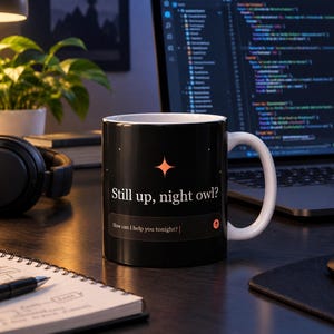 Koffiemok geïnspireerd op een AI-chatbot, cadeau voor een nachtbraker en ontwikkelaar, keramische mok met C-vormig handvat