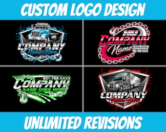 Custom Trucking Transport Hotshot Logistics Transportation Towing Chain Tow Truck Dispatching Freight Cargo Hauling Logo Design For Business
