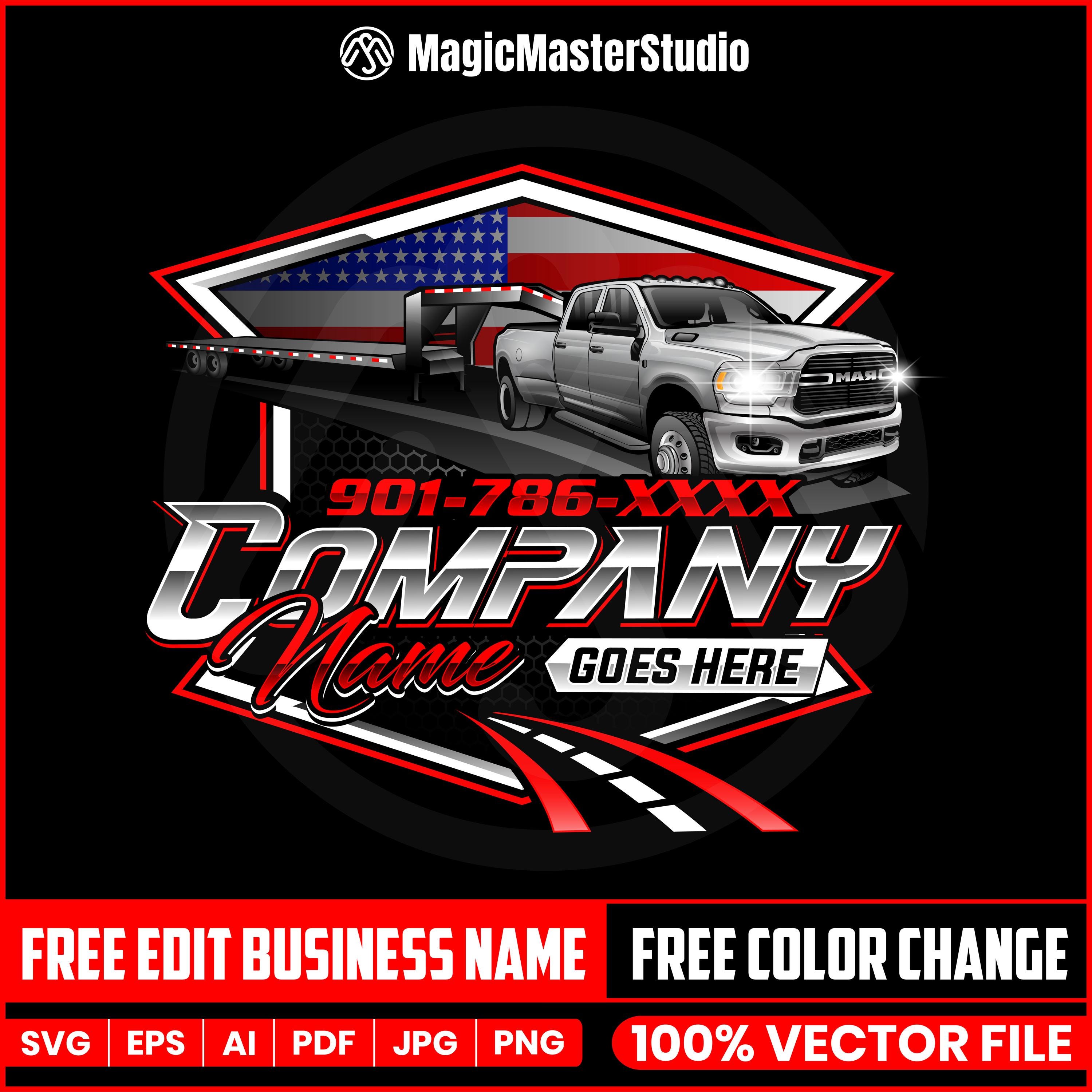 Trucking Logo Design, Dodge Ram Dually Truck with Trailer Logo Design, Pickup and Flatbed Trailer Logo, Pickup Trailer, Hotshot Truck Logo
