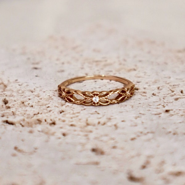 Dainty Vintage Style Hollow Out  14K Gold Plated 925 Sterling Silver CZ Ring, Stacking Ring Gift for her Anniversary Bridal Wedding Band