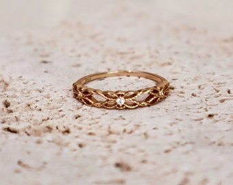 Dainty Vintage Style Hollow Out  14K Gold Plated 925 Sterling Silver CZ Ring, Stacking Ring Gift for her Anniversary Bridal Wedding Band