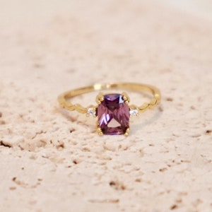Princess Cut Amethyst Purple Stone Diamond 14K Gold Plated S925 Silver CZ Ring, Gift For Her Anniversary Gift Promise Ring Bridesmaid Gift