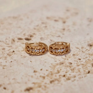 Vintage Mini Size Lace Style Hollow Out Diamond Huggie Hoop Earrings, Rose Gold/Silver, 18k Gold Plated S925 Silver Gift for her Minimalist