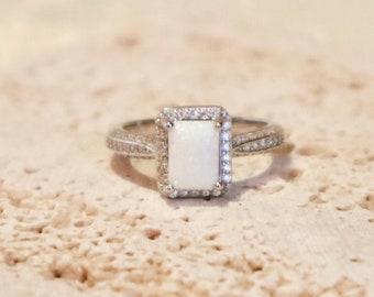Princess Cut Lab Created White Opal Solitaire GemStone Diamond Halo S925 Silver CZ Ring, Gift For Her Anniversary Gift Bridal Engagement