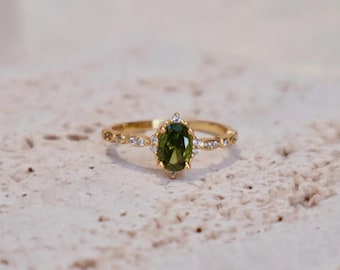 Dainty Olive Green Peridot Gemstone Solitaire 24K Gold Plated S925 Silver Ring, Anniversary Gift For Her Promise Ring Bridal Birthstone