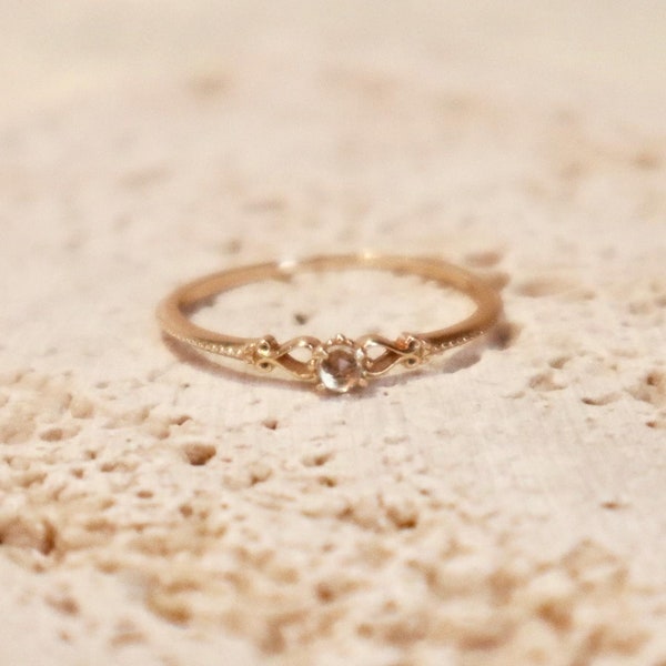 Vintage Thin Camellia Flower Style Clear White Crystal Quartz 14K Gold Plated S925 Silver Ring, Stackable Ring Gift for Her Minimalist Style