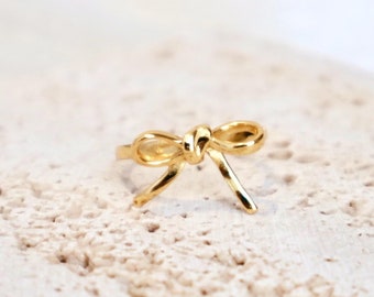 Dainty Gold Ribbon Bow Ring, 24k Gold Plated Sterling Silver, Minimalist Style Little Knot Bow Tie Ring Gift For her Gift For Friend
