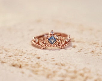 Dainty Crown Blue Gemstone Rose Gold Plated S925 Silver Adjustable Ring, Queen Princess Tiara Ring, Gift for Her, Cinderella Princess Ring
