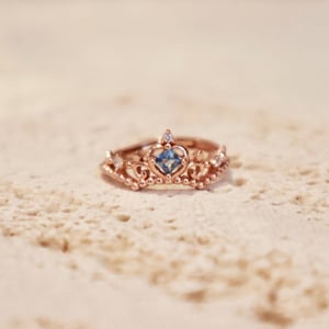 Dainty Crown Blue Gemstone Rose Gold Plated S925 Silver Adjustable Ring, Queen Princess Tiara Ring, Gift for Her, Cinderella Princess Ring