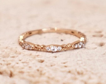 Vintage Thin Rose Gold 14K Gold Plated S925 Silver Diamond Ring, Stacking Ring Diamond Cubic Zirconia Gift for Her Everyday Ring Minimalist